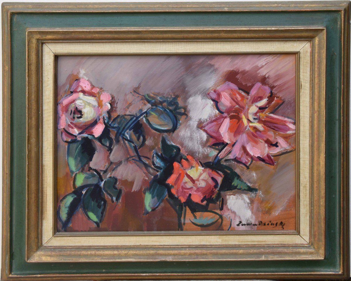 Czeslaw Zawadzinski "bouquet Of Roses" Oil On Cardboard 33x41